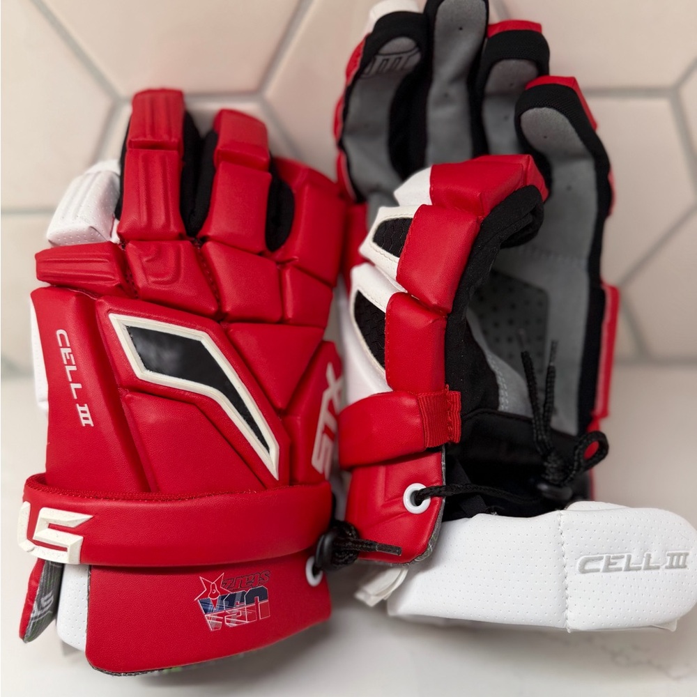 STX Cell III Lacrosse Gloves, Red and White with USA Lacrosse logo NEW